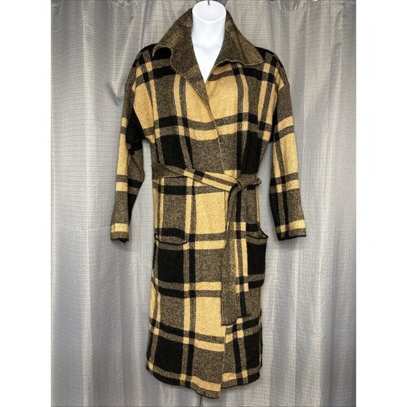 LIZ CLAIBORNE Long Cardigan Womens Open Front  XL Caramel Plaid Sweater Belted - Picture 1 of 12